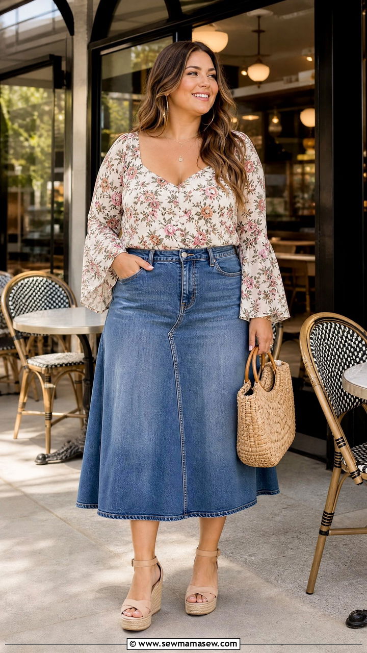 Plus Size Bell Sleeve Top With A Denim Skirt - 20 plus size bell sleeve top outfit ideas