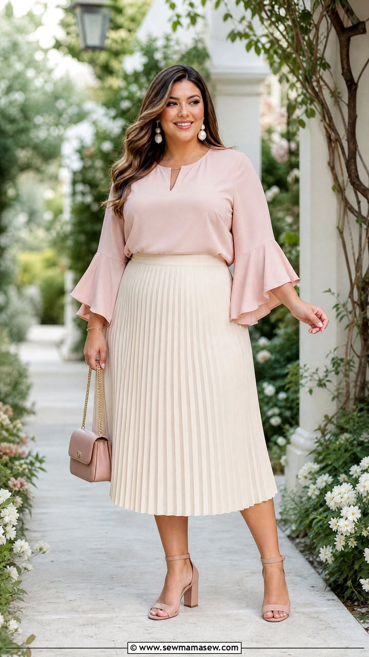 Plus Size Bell Sleeve Top With A Midi Skirt - 20 plus size bell sleeve top outfit ideas