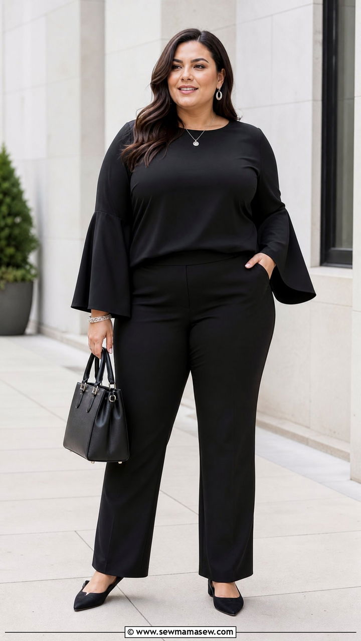 Plus Size Bell Sleeve Top With A Monochrome Outfit - 20 plus size bell sleeve top outfit ideas