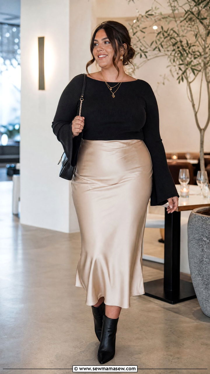 Plus Size Bell Sleeve Top With A Slip Skirt - 20 plus size bell sleeve top outfit ideas