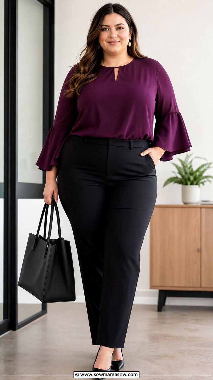 Plus Size Bell Sleeve Top With Black Trousers - 20 plus size bell sleeve top outfit ideas