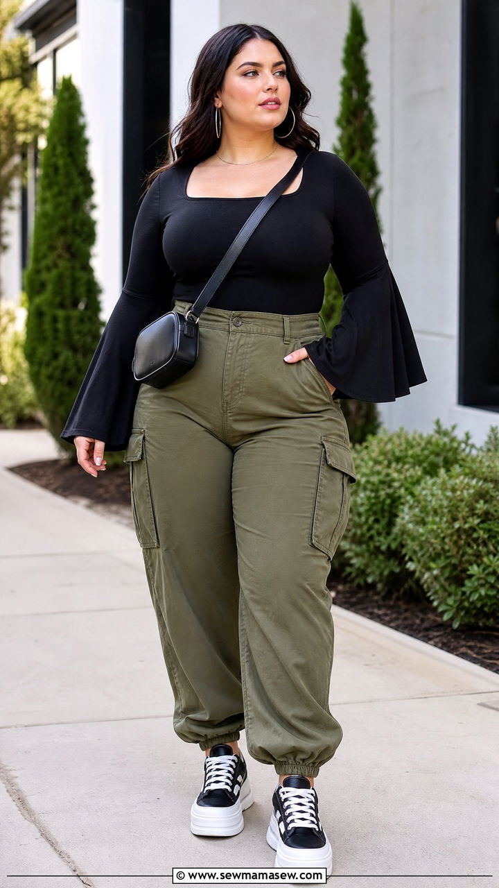 Plus Size Bell Sleeve Top With Cargo Pants - 20 plus size bell sleeve top outfit ideas
