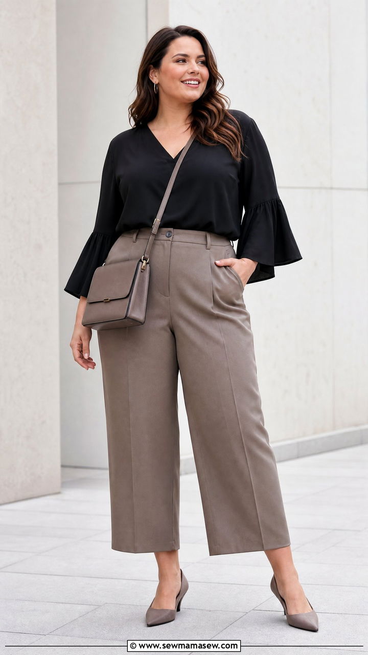 Plus Size Bell Sleeve Top With Cropped Pants - 20 plus size bell sleeve top outfit ideas