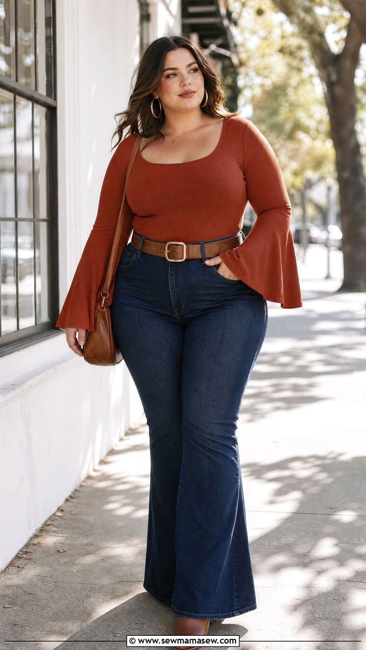 Plus Size Bell Sleeve Top With Flare Jeans - 20 plus size bell sleeve top outfit ideas