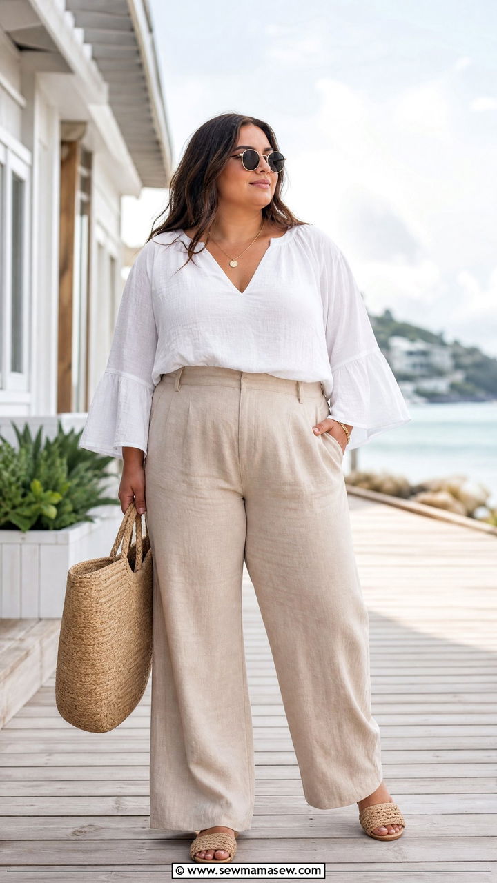 Plus Size Bell Sleeve Top With Linen Pants - 20 plus size bell sleeve top outfit ideas