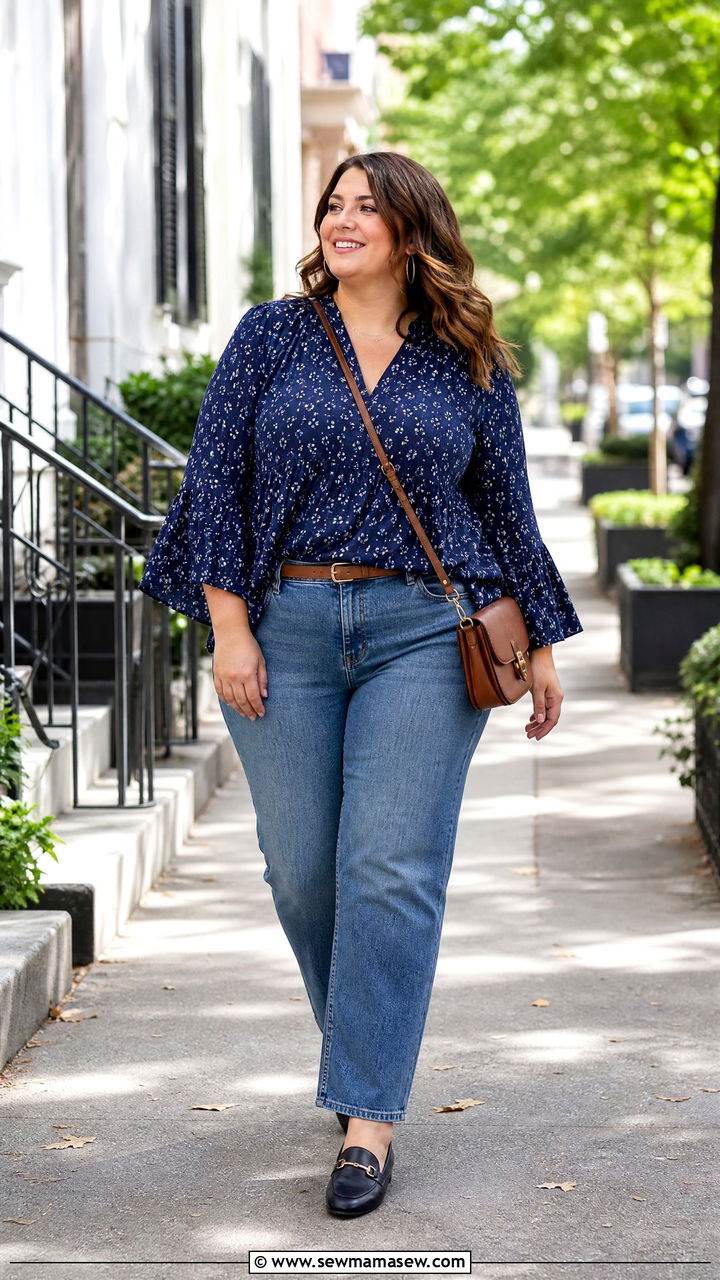 Plus Size Bell Sleeve Top With Straight Leg Jeans - 20 plus size bell sleeve top outfit ideas