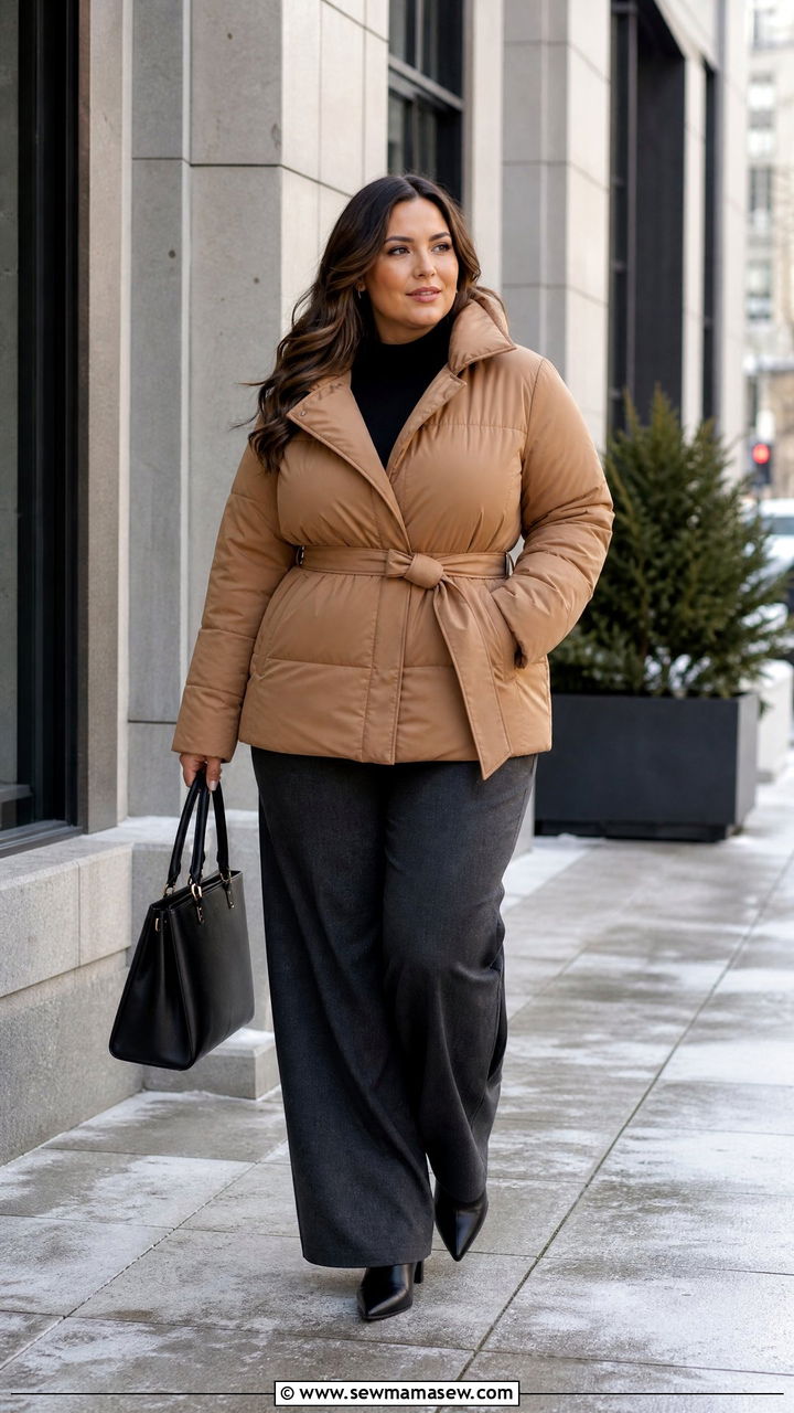 Plus Size Belted Puffer Jacket With Trousers - 20 plus size puffer jacket outfit ideas