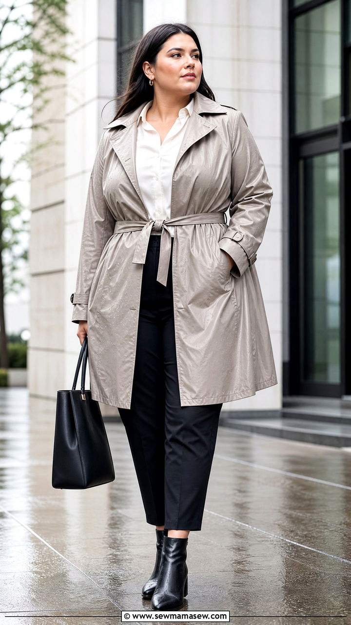 Plus Size Belted Raincoat With Work Pants - 20 plus size raincoat outfit ideas