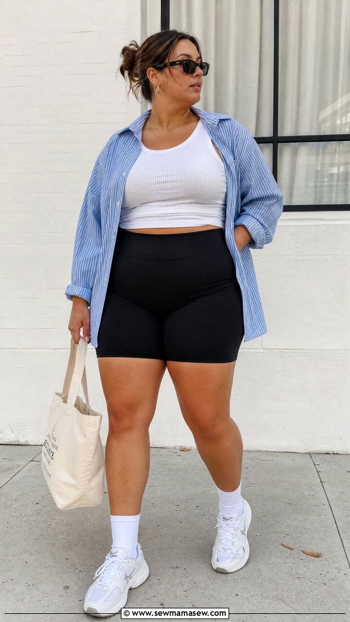 Plus Size Bike Shorts And Button Down Outfit - 20 comfy plus size outfit ideas