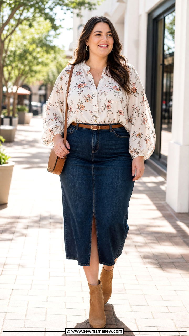 Plus Size Bishop Sleeve Top With Denim Skirt - 20 plus size bishop sleeve top outfit ideas