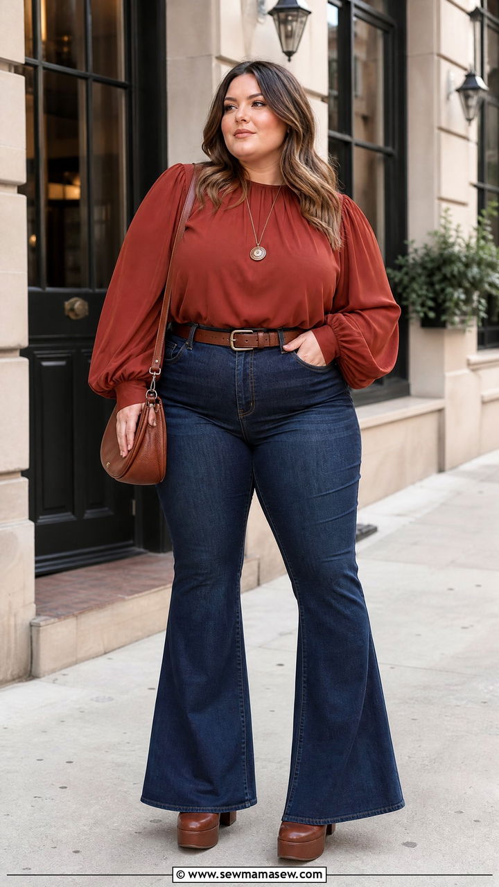 Plus Size Bishop Sleeve Top With Flare Jeans - 20 plus size bishop sleeve top outfit ideas