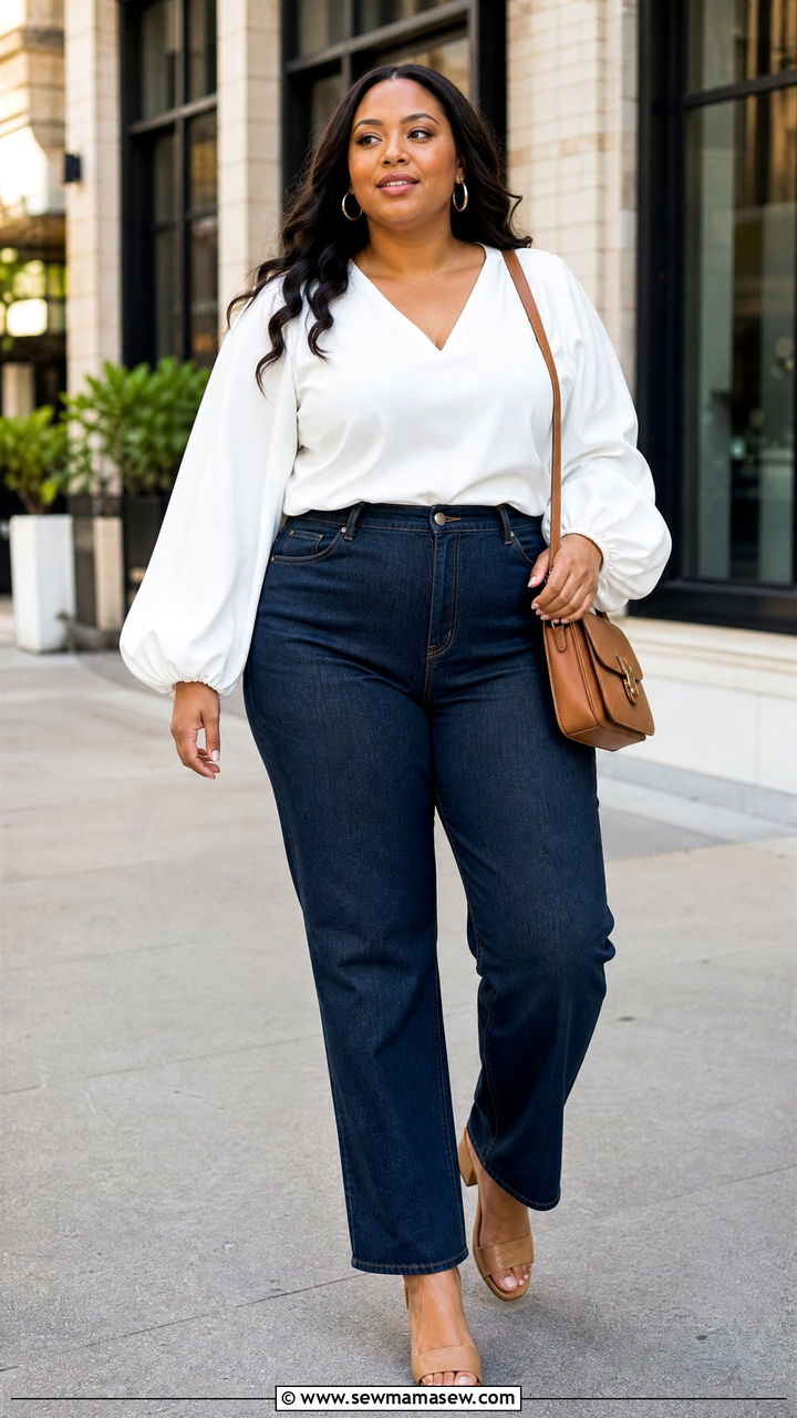 Plus Size Bishop Sleeve Top With High Waisted Jeans - 20 plus size bishop sleeve top outfit ideas