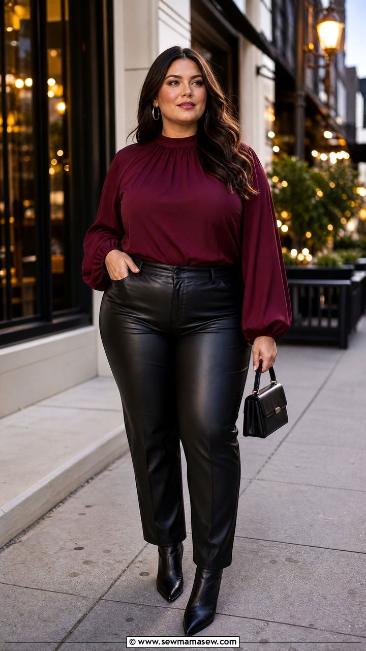 Plus Size Bishop Sleeve Top With Leather Pants - 20 plus size bishop sleeve top outfit ideas