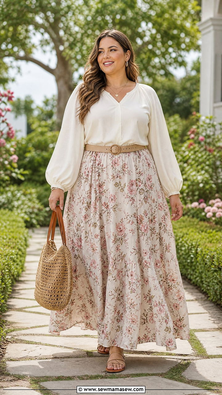 Plus Size Bishop Sleeve Top With Maxi Skirt - 20 plus size bishop sleeve top outfit ideas