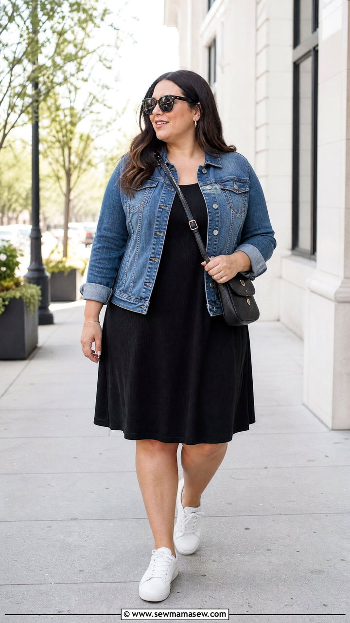 Plus Size Black A Line Dress With Denim Jacket - 20 plus size a-line dress outfit ideas