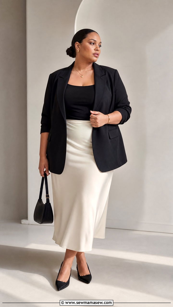 Plus Size Black Blazer And Cream Slip Skirt Outfit - 20 plus size neutral outfit ideas