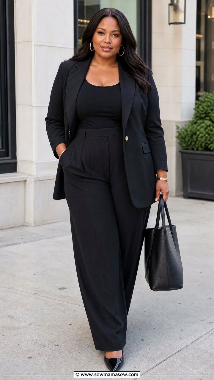 Plus Size Black Blazer And Wide Leg Pants Outfit - 20 plus size black outfit ideas