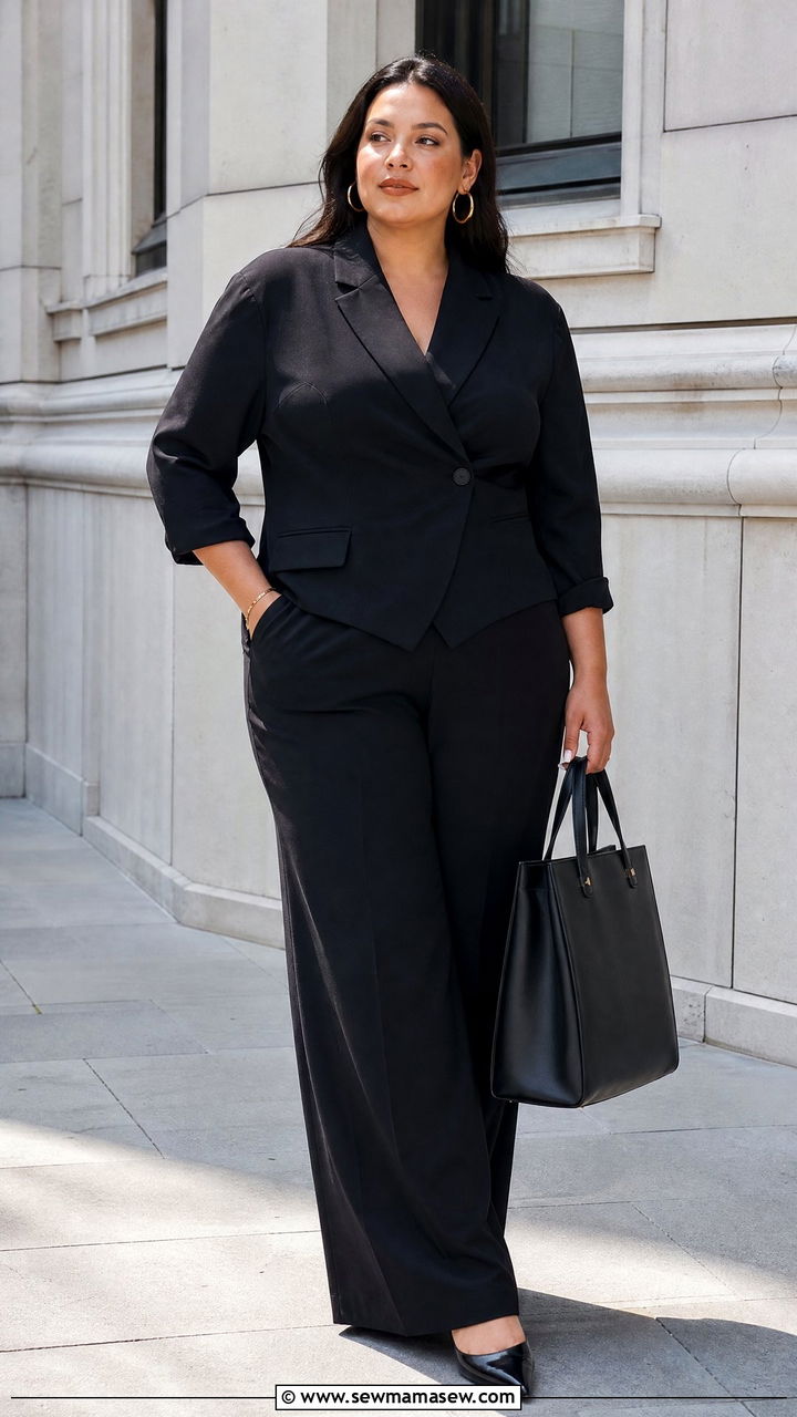 Plus Size Black Blazer Top With Wide Leg Pants - 20 plus size blazer top outfit ideas