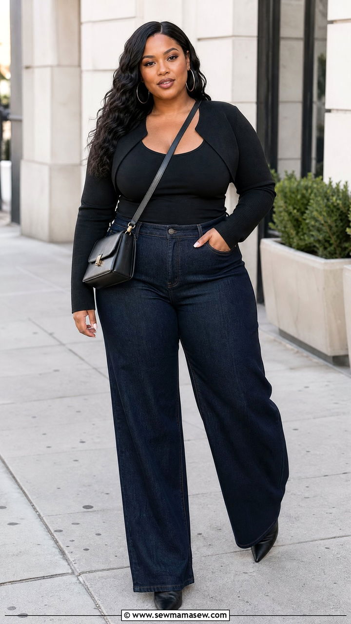 Plus Size Black Bolero Top With Wide Leg Jeans - 20 plus size bolero top outfit ideas