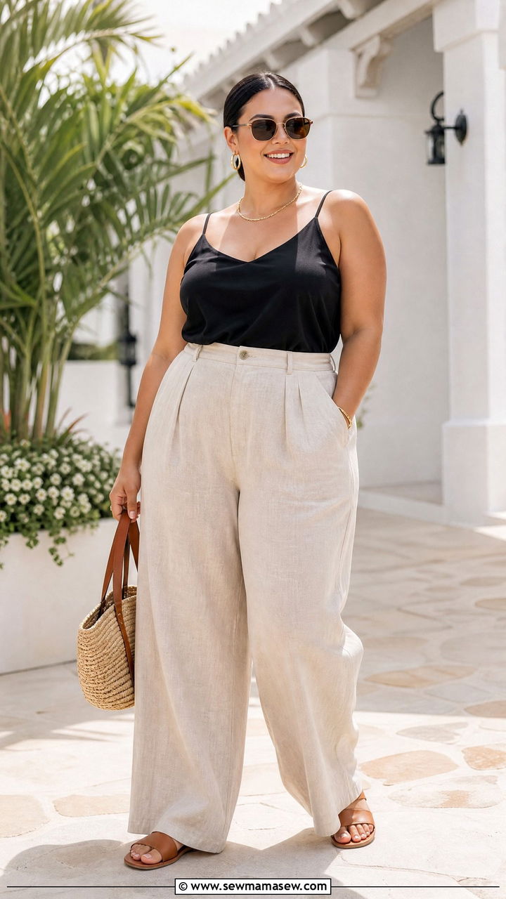 Plus Size Black Cami Top With Linen Pants - 20 plus size cami top outfit ideas