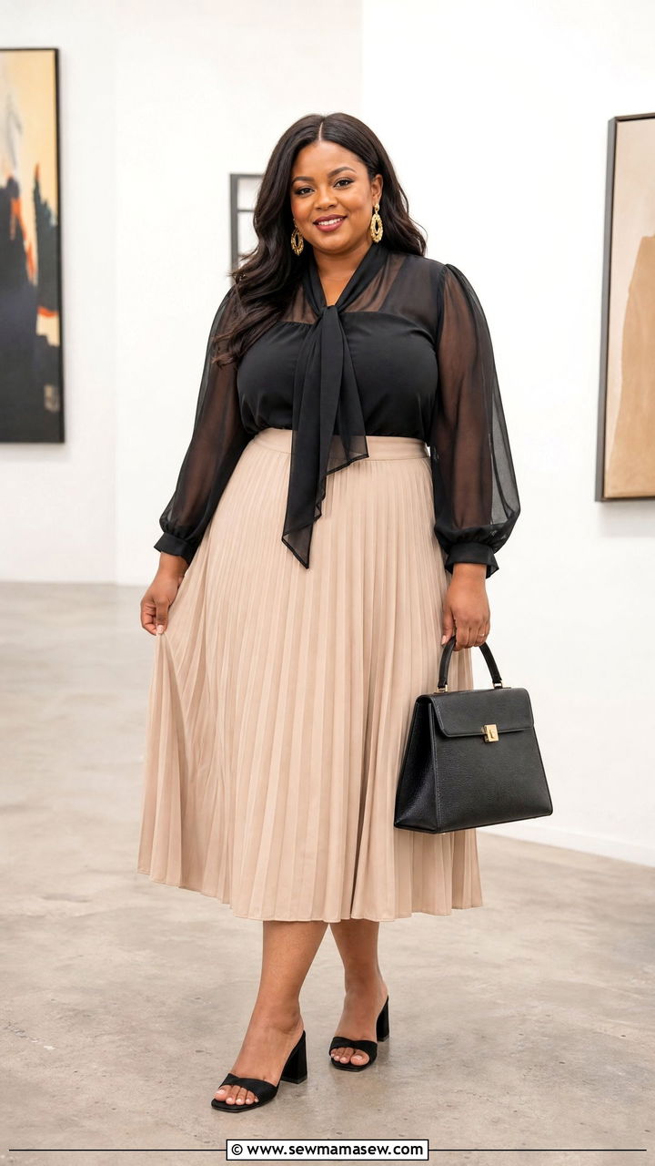 Plus Size Black Chiffon Blouse With Midi Skirt - 20 plus size chiffon blouse outfit ideas
