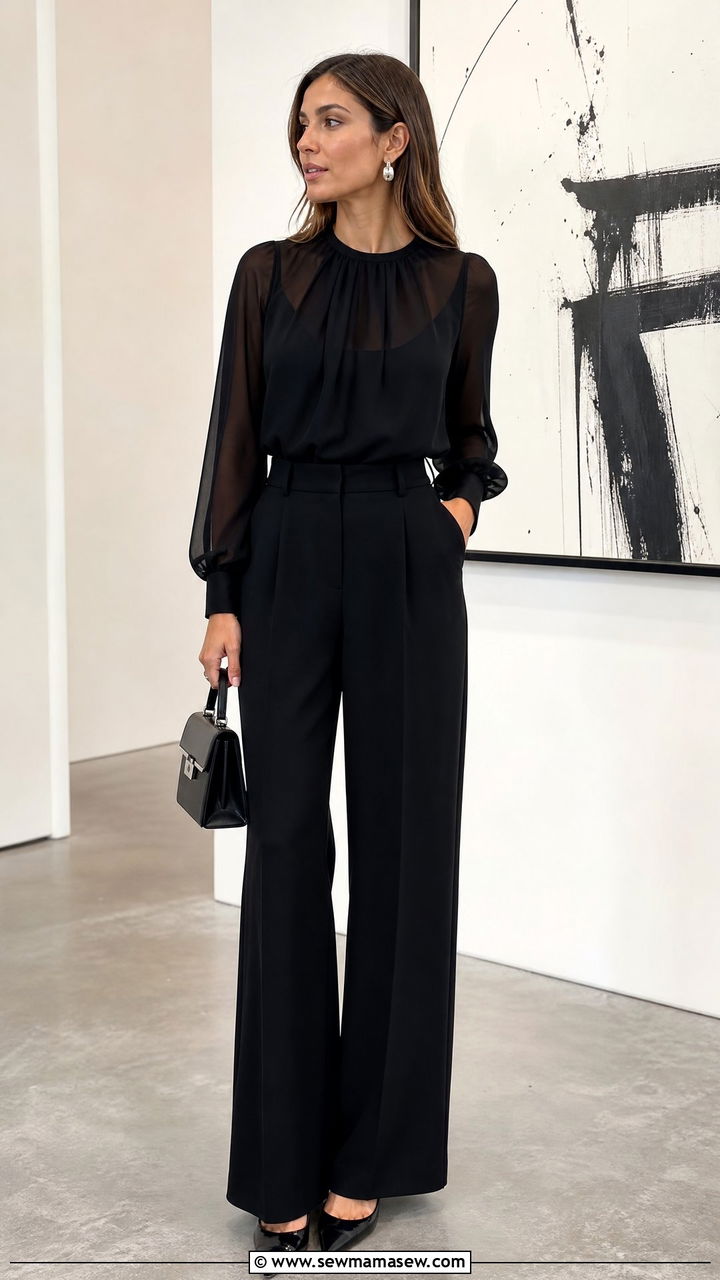 Plus Size Black Chiffon Top With Black Trousers - 20 plus size chiffon top outfit ideas