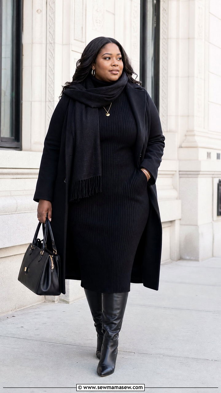 Plus Size Black Coat And Sweater Dress Outfit - 20 plus size black outfit ideas