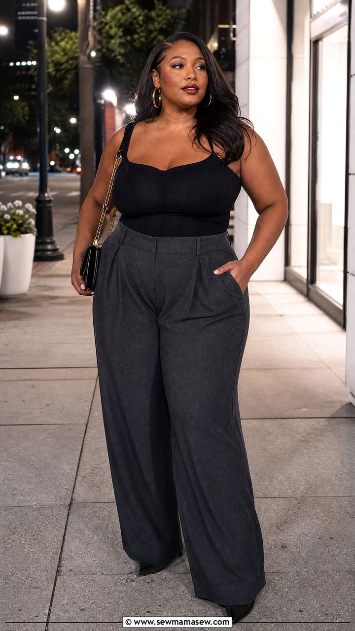 Plus Size Black Corset Top With Wide Leg Pants - 20 plus size corset top outfit ideas for night out