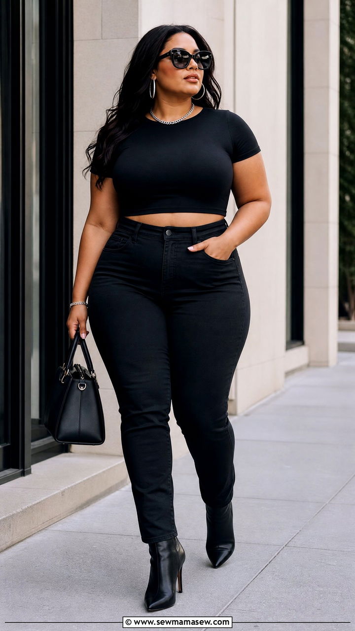 Plus Size Black Crop Top And High Waisted Black Jeans Outfit - 20 plus size crop top and high waisted jeans outfit ideas