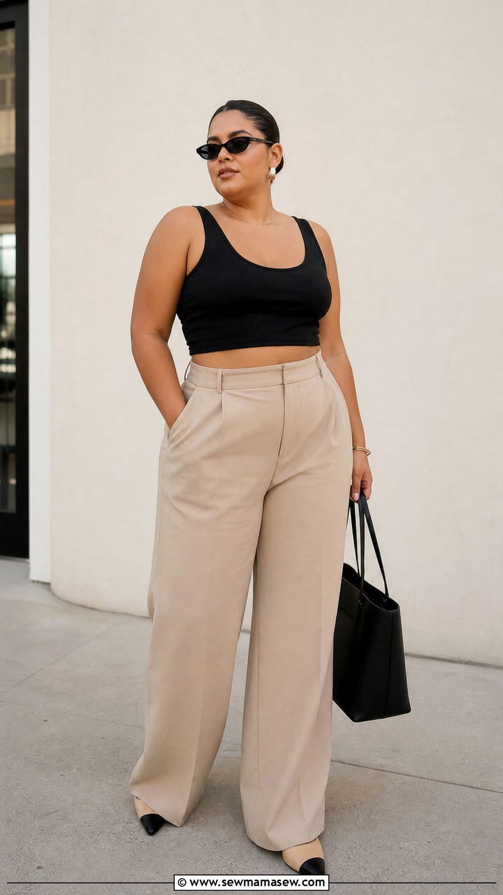 Plus Size Black Crop Top With Wide Leg Pants - 20 plus size crop top outfits