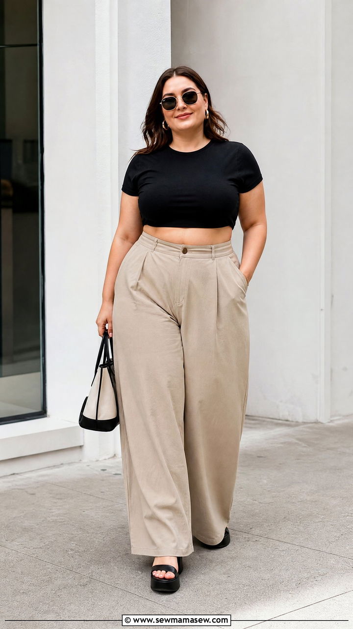 Plus Size Black Crop Top With Wide Leg Pants - 20 plus size casual crop top outfit ideas