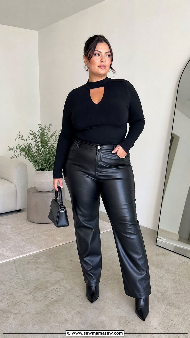 Plus Size Black Cut Out Top With Leather Pants - 20 plus size cut out top outfit ideas
