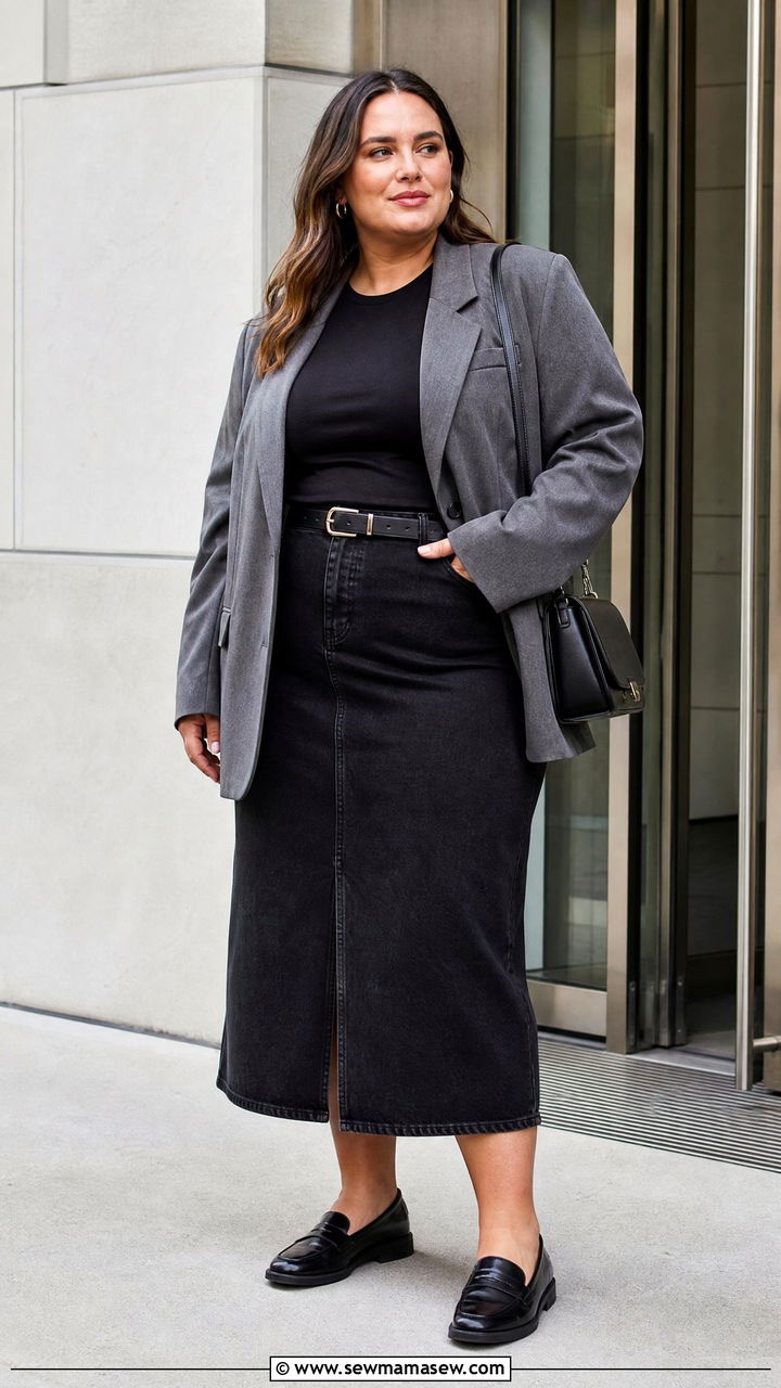 Plus Size Black Denim Skirt With Blazer - 20 plus size denim skirt outfit ideas