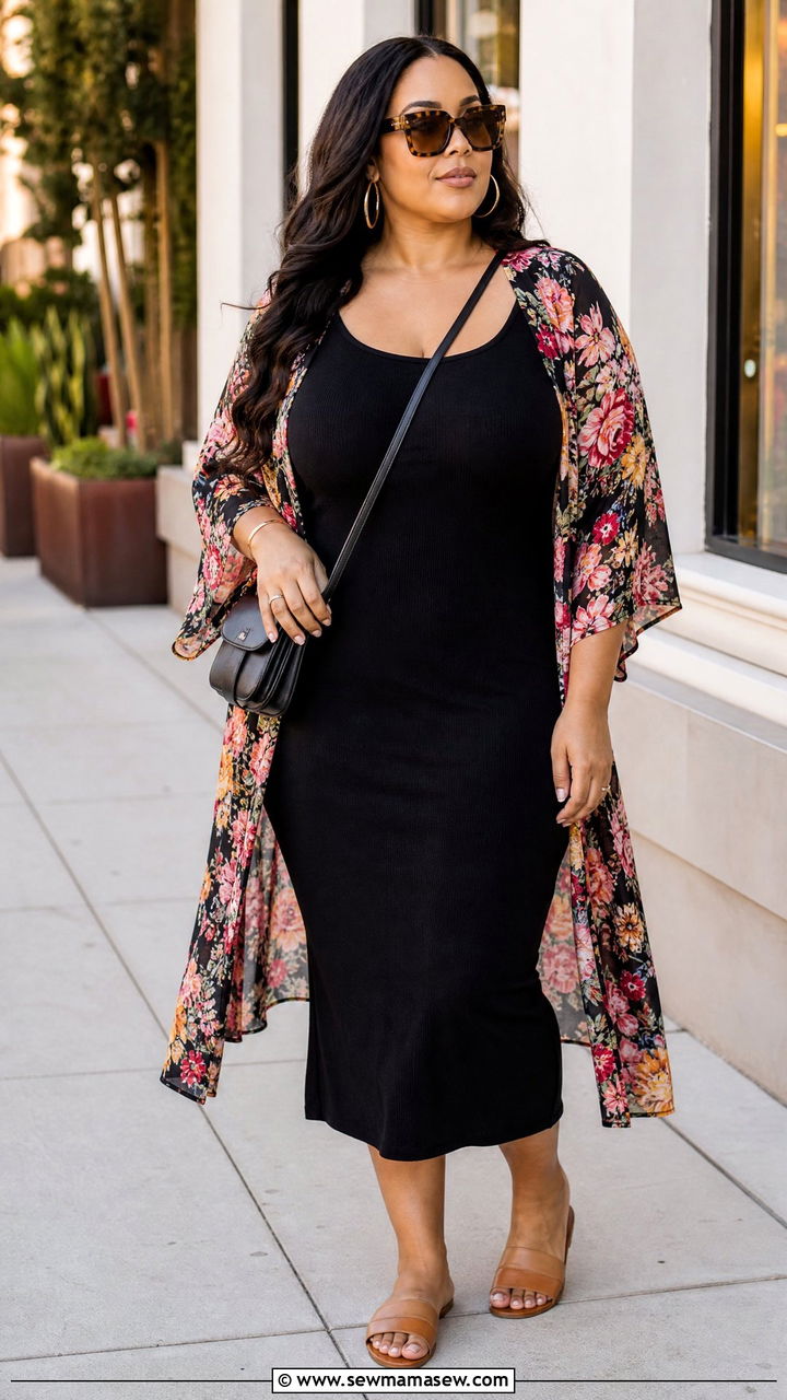 Plus Size Black Dress With Kimono - 20 plus size summer outfit ideas with kimono