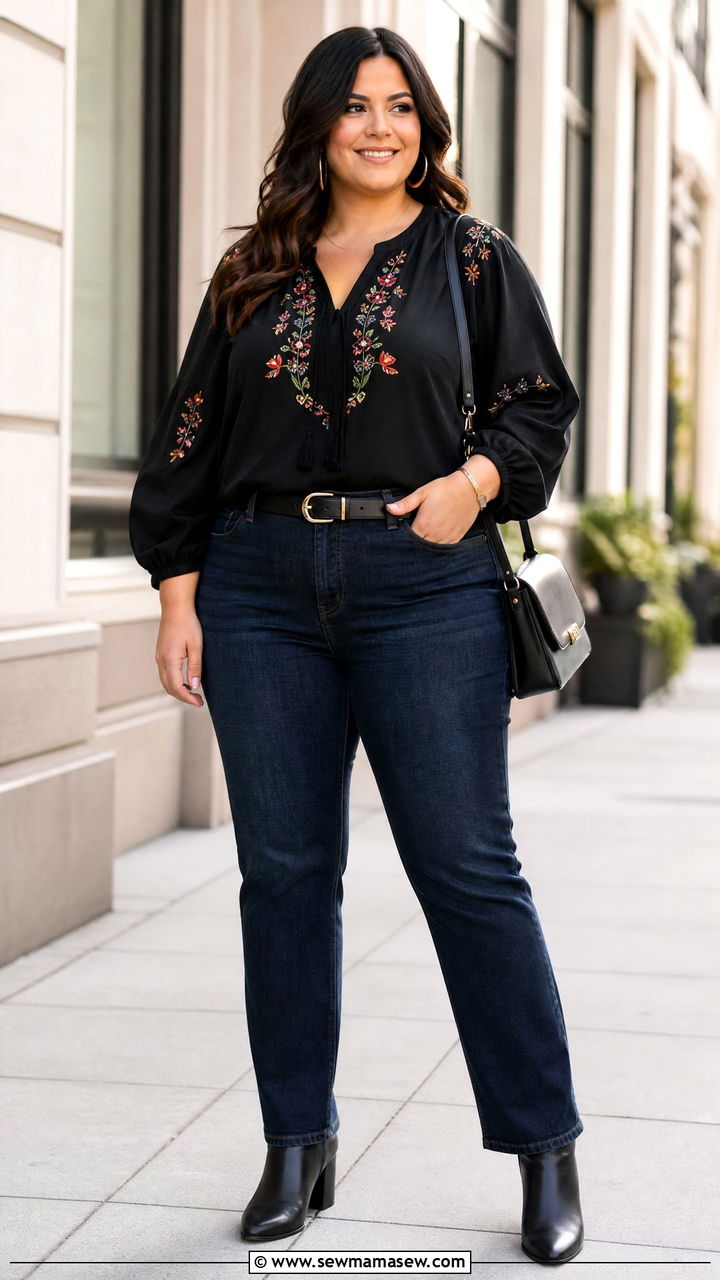 Plus Size Black Embroidered Top With Dark Wash Jeans - 20 plus size embroidered top outfit ideas