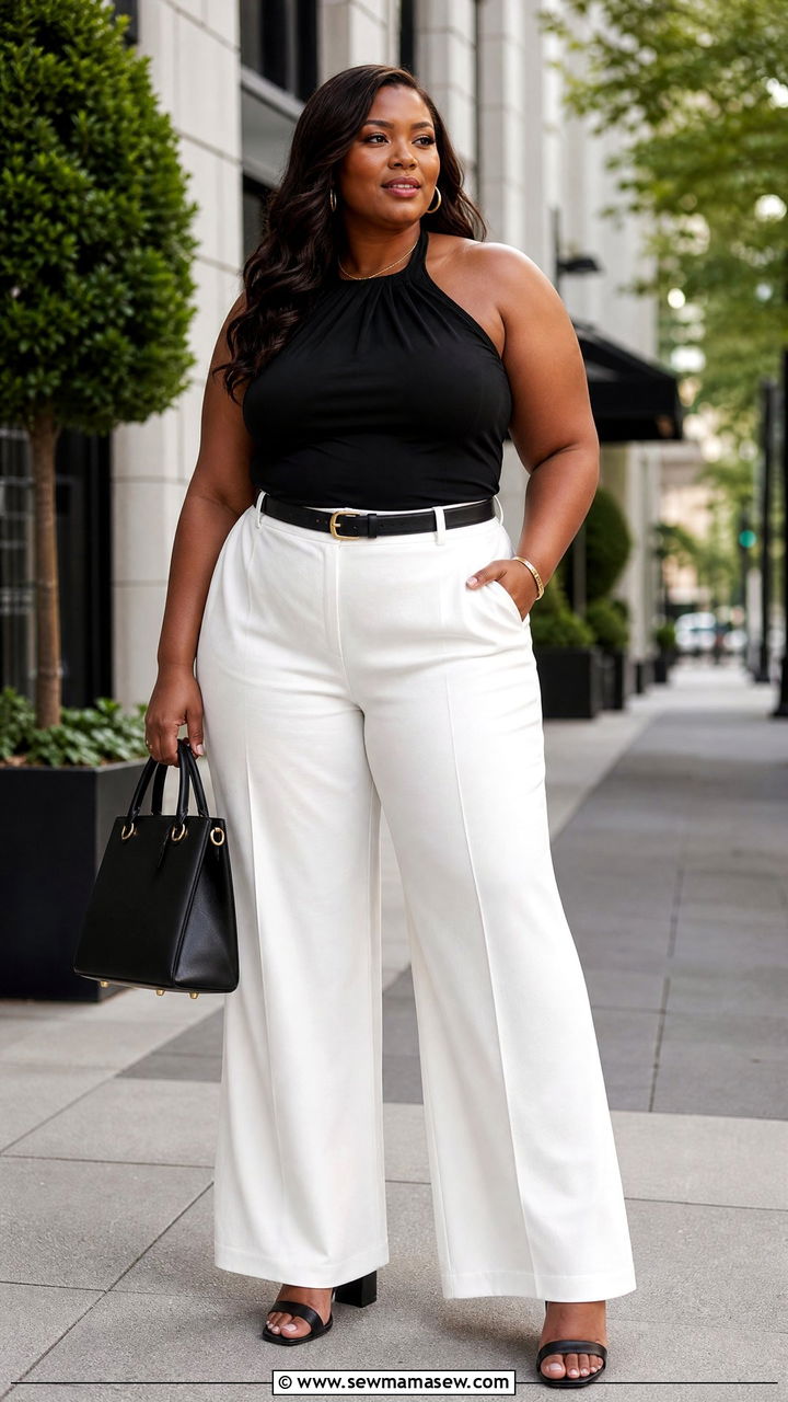 Plus Size Black Halter Top With White Pants - 20 plus size halter top outfit ideas