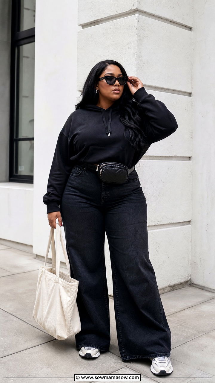 Plus Size Black Hoodie And Wide Leg Jeans Outfit - 20 plus size black outfit ideas
