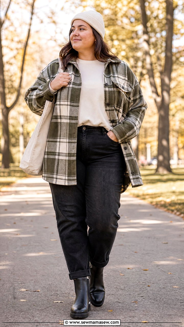 Plus Size Black Jeans With Plaid Shacket - 20 plus size black jeans outfit ideas
