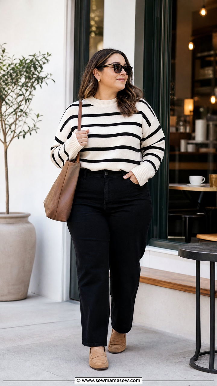 Plus Size Black Jeans With Striped Sweater - 20 plus size black jeans outfit ideas