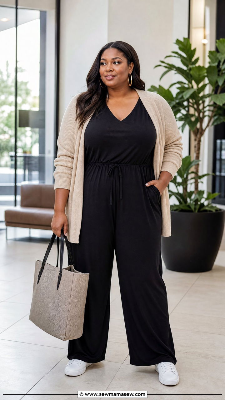 Plus Size Black Jumpsuit And Cardigan Outfit - 20 plus size lazy day outfit ideas