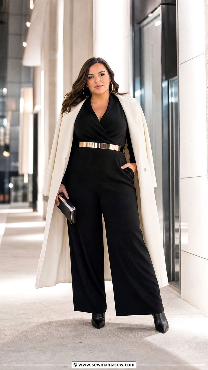 Plus Size Black Jumpsuit With Long Coat - 20 plus size winter date night outfit ideas