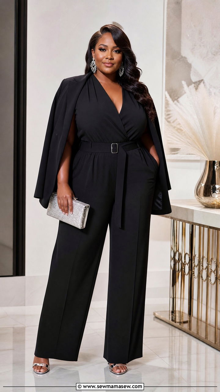 Plus Size Black Jumpsuit With Metallic Heels Outfit - 20 plus size holiday party outfit ideas
