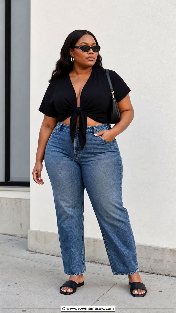 Plus Size Black Knot Front Top With Straight Leg Jeans - 20 plus size knot front top outfit ideas