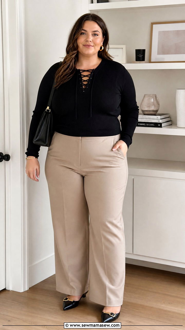 Plus Size Black Lace Up Top With Straight Leg Pants - 20 plus size lace up top outfit ideas
