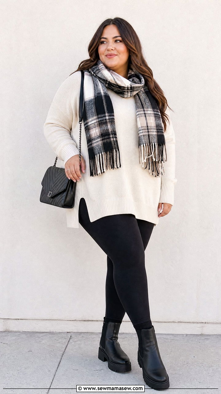 Plus Size Black Leggings With Tunic Sweater And Chelsea Boots - 20 plus size winter outfit ideas with leggings