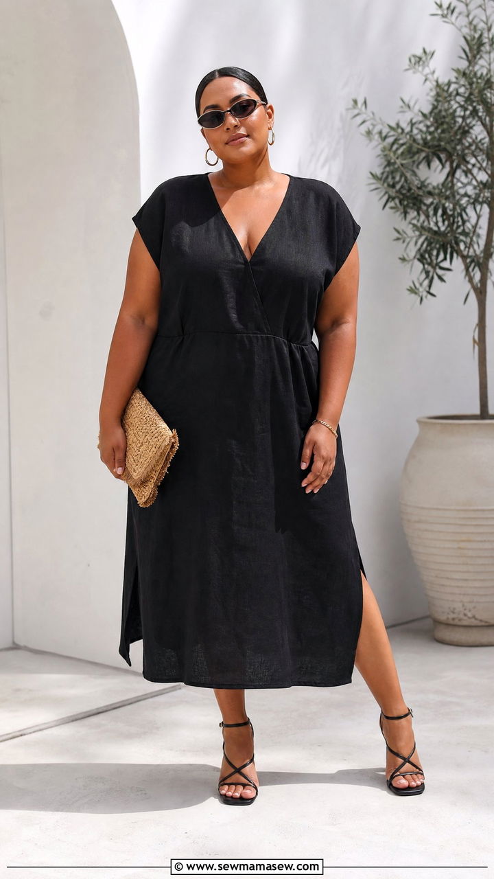 Plus Size Black Linen Dress With Strappy Sandals - 20 plus size linen dress outfit ideas
