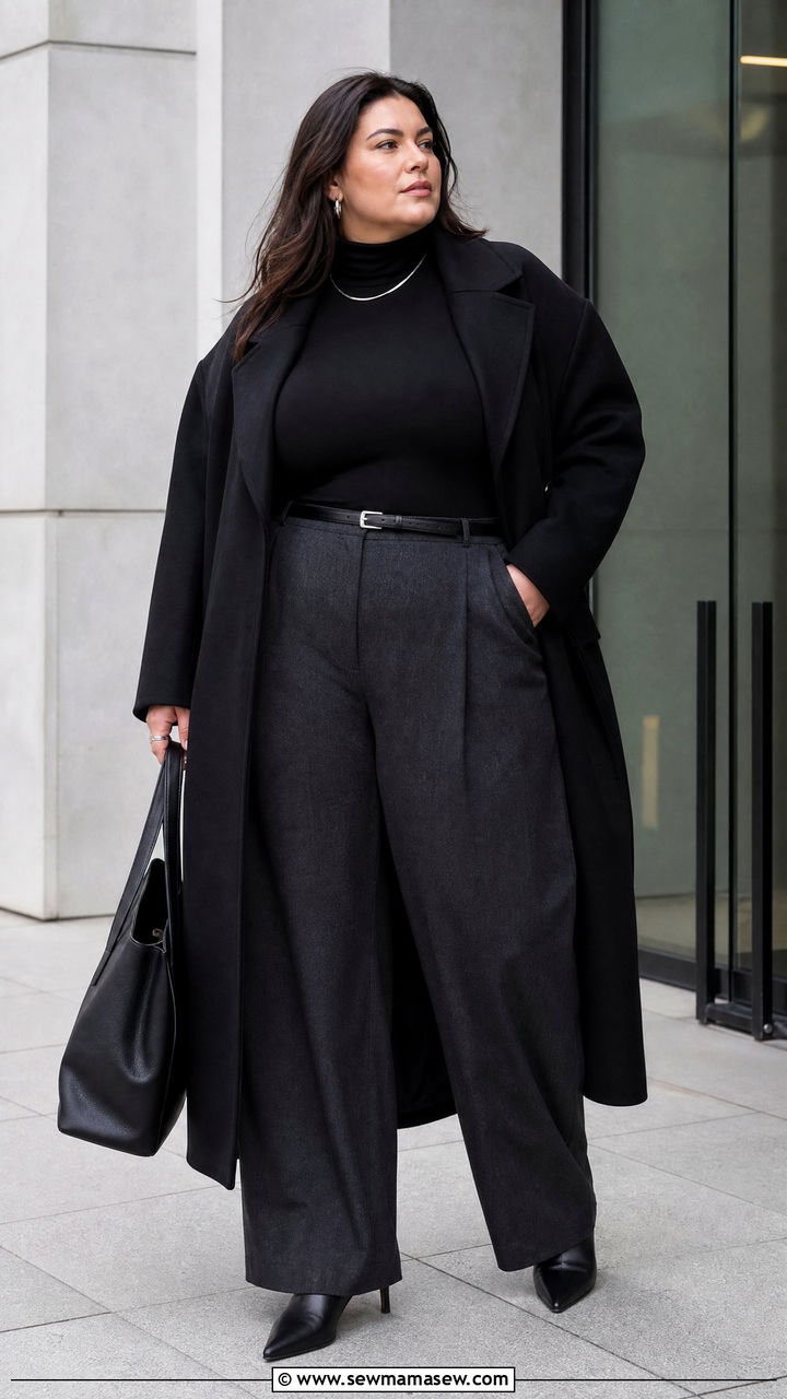 Plus Size Black Long Coat With Wide Leg Pants - 20 plus size long coat outfit ideas