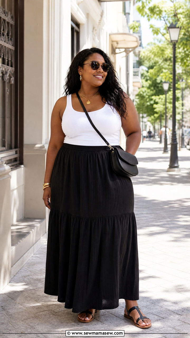 Plus Size Black Maxi Skirt And White Tank Outfit - 20 plus size summer outfit ideas for travel