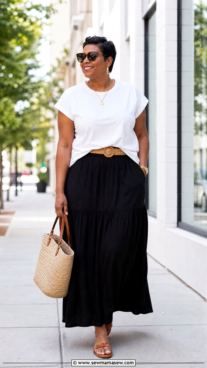Plus Size Black Maxi Skirt And White Tee Outfit - 20 plus size summer outfit ideas for women over 40