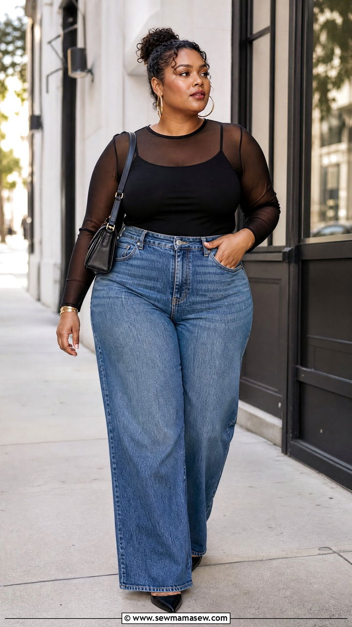 Plus Size Black Mesh Top With Wide Leg Jeans - 20 plus size mesh top outfit ideas